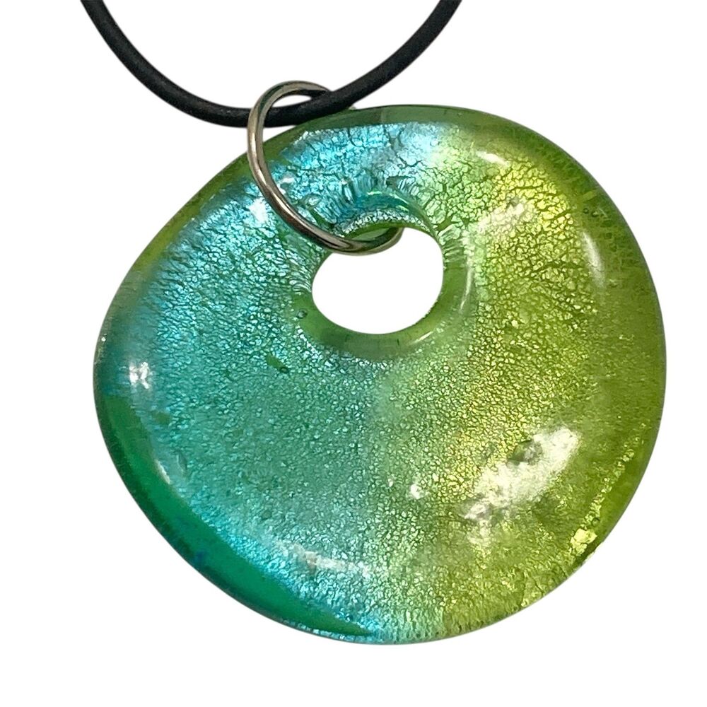 Vtg Murano Style Art Glass Pendant Necklace Black Cord 22" Green Aqua Blue
